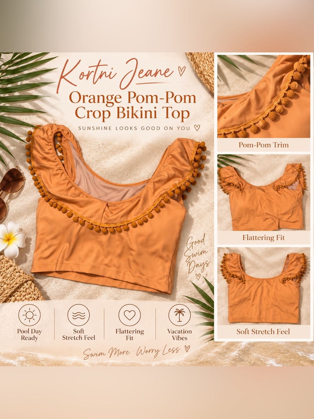 Kortni Jeane Orange Pom-Pom Crop Bikini Top – Cute Retro Swim Top
